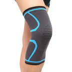 Black knee sleeve with bright blue support stripes and reinforced ribbed area.