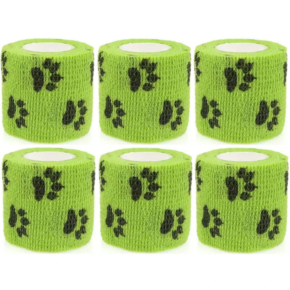 Set of neon green self-adhesive wrist bandage rolls with dark paw prints