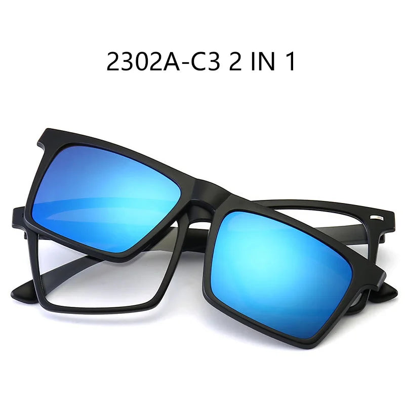 2-in-1 black frame glasses with blue clip-on tinted lenses