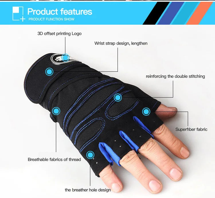 Black training gloves with blue stitching, breathable fabric, and reinforced double seams