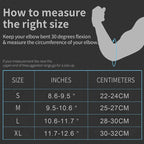 Elbow guard sizing chart diagram with size options in inches and centimeters