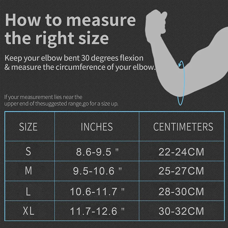 Elbow guard sizing chart diagram with size options in inches and centimeters