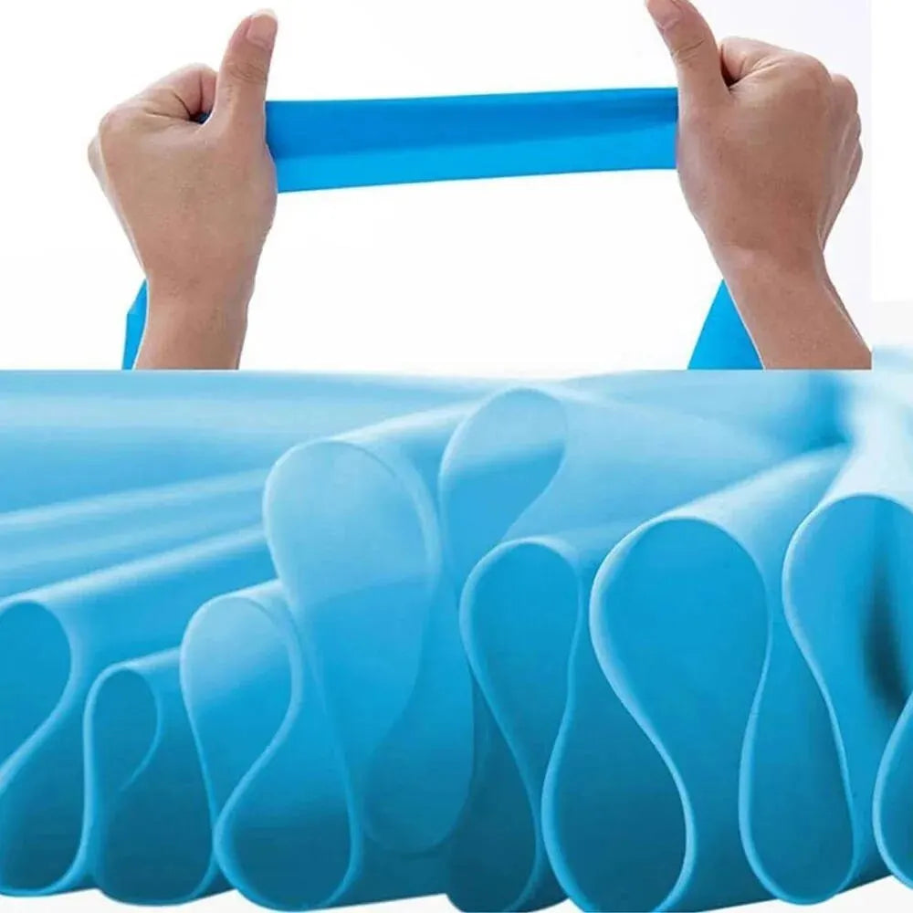 Light blue resistance band bundle with elastic bands stacked close-up