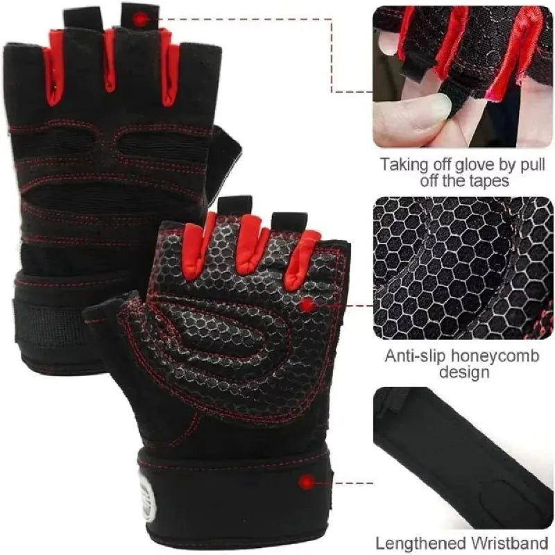 Black training gloves with red stitching, textured palm panel, and longer wristband