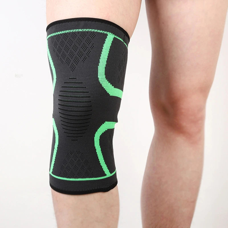 Black knee sleeve with neon green support bands and ribbed center section.
