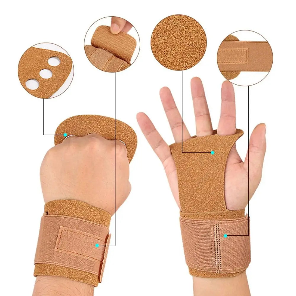 Aerial apparatus grip wraps pair, tan, on hand with three finger holes and hook strap