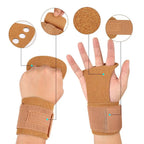 Aerial apparatus grip wraps pair, tan, on hand with three finger holes and hook strap