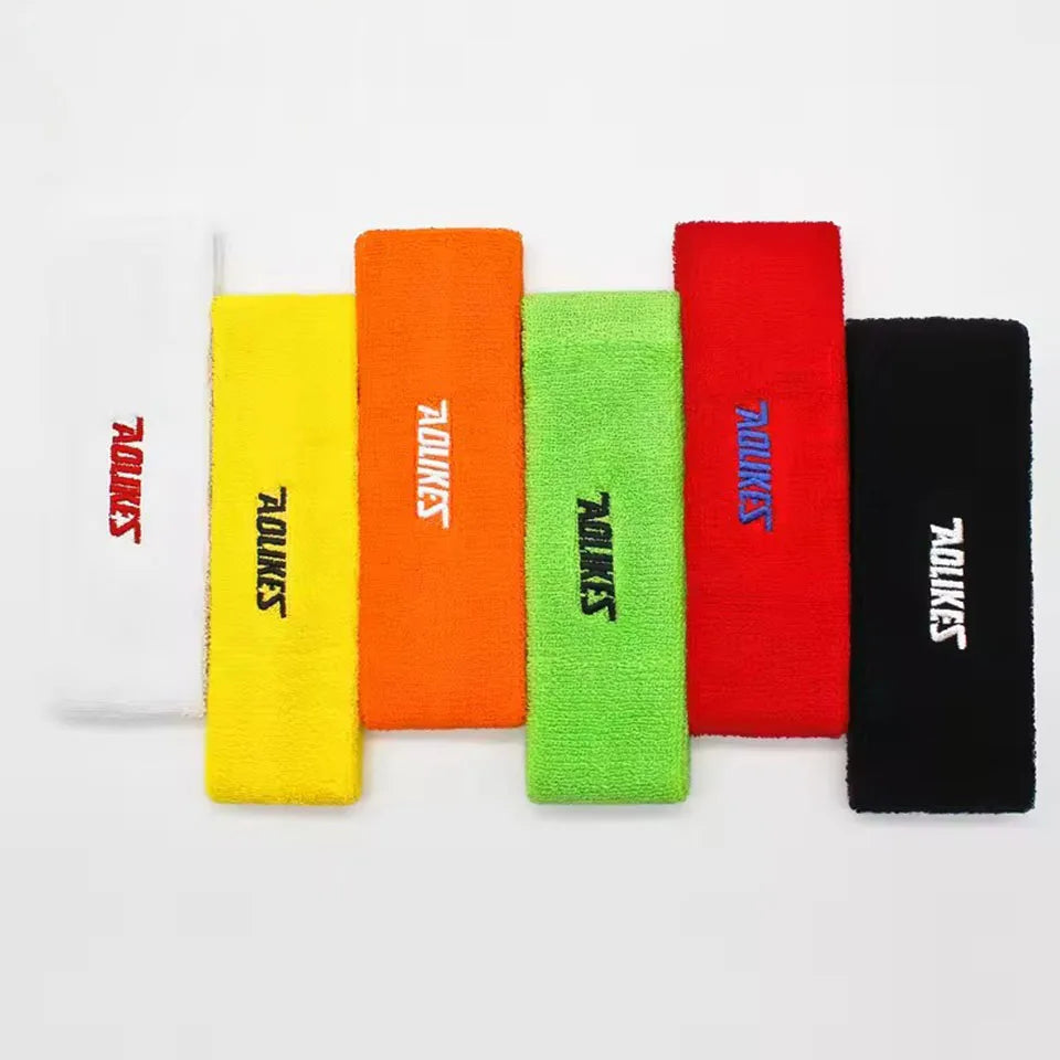 Cotton sport sweatbands in yellow, orange, green, red, and black with AOLIKES logo