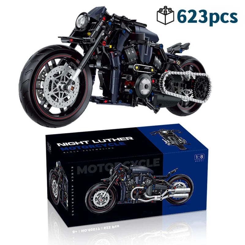 Black motorcycle building block model with silver disc brakes and chunky engine pieces