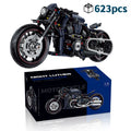 Black motorcycle building block model with silver disc brakes and chunky engine pieces