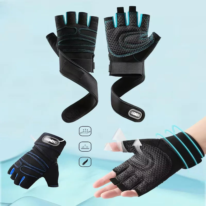 Black training gloves with blue accents, padded knuckles, and extended wrist strap
