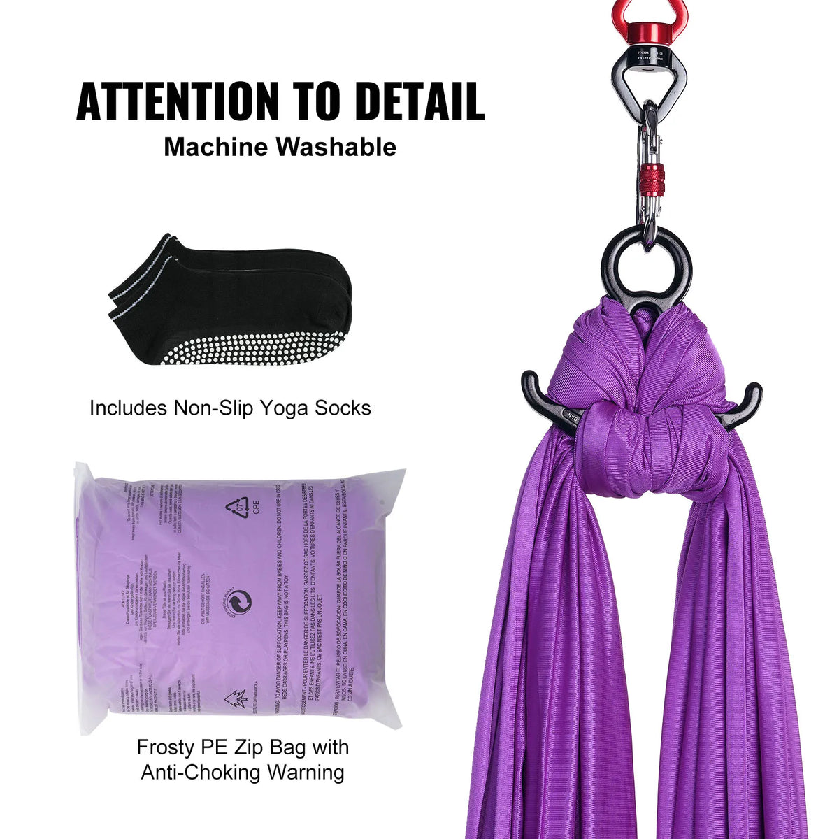 Purple aerial hammock bundle with machine-washable non-slip yoga socks and PE bag