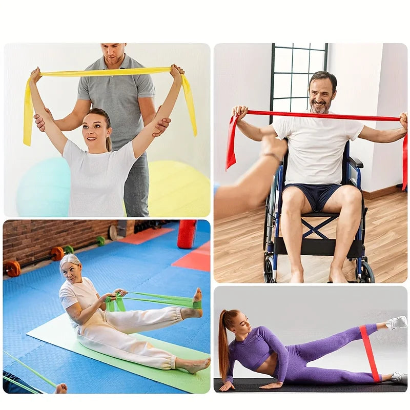 Resistance bands in several workout positions with different colored bands shown