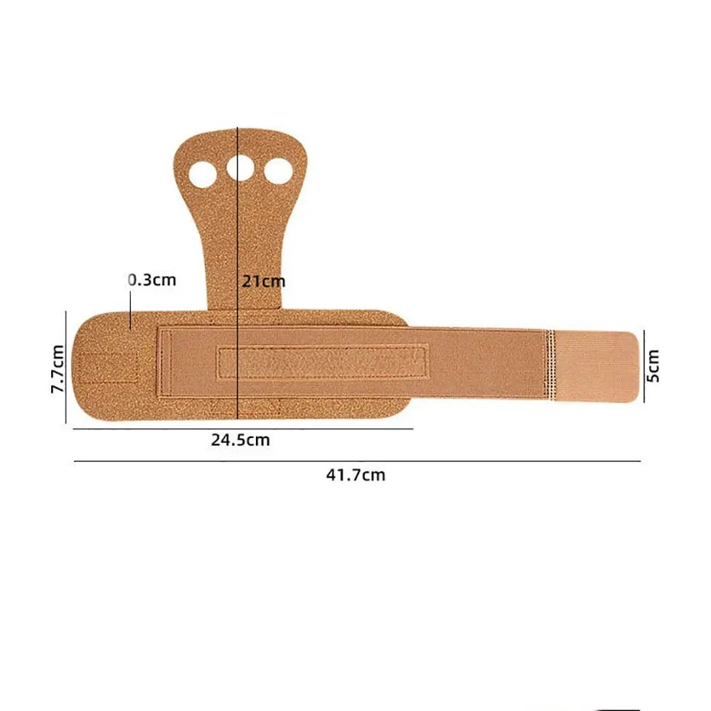 Aerial apparatus grip wraps pair, tan, flat layout with three finger holes and size diagram