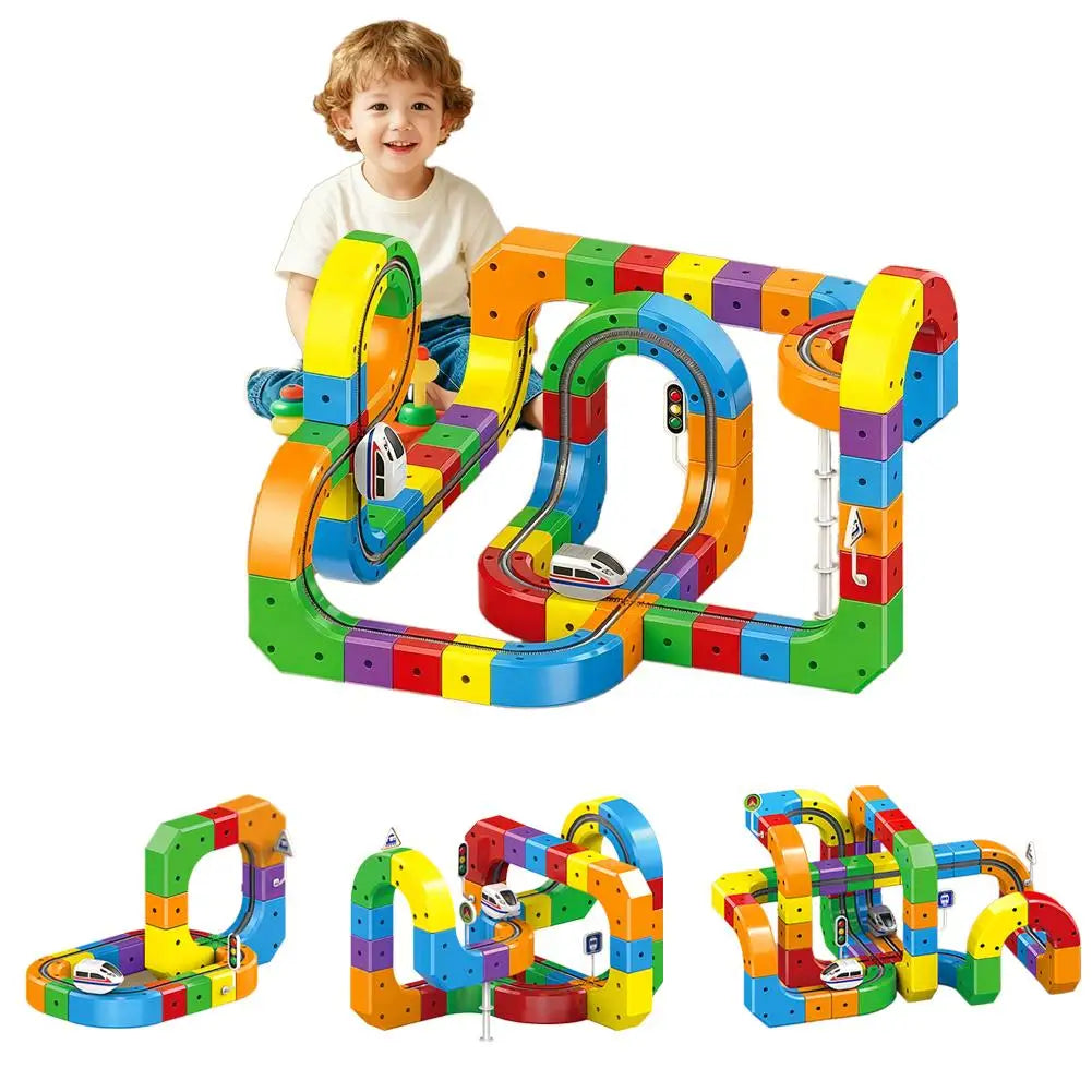 Colorful electric track train cube-rail set with 3D arches and tunnels