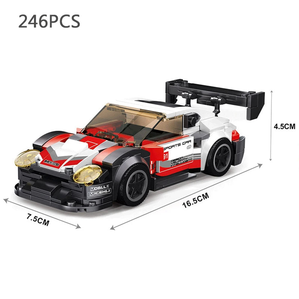 White and red racing car building block model with black rear spoiler