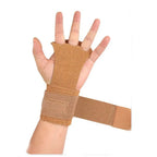 Aerial apparatus grip wraps pair, tan, open palm view with wrist wrap and finger holes