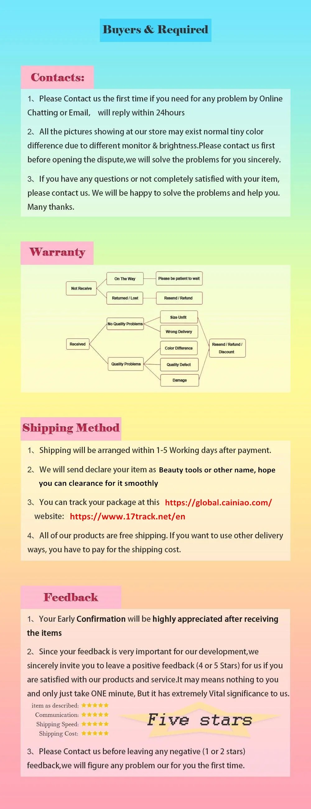 Informational layout for bandage ordering and warranty details with text blocks