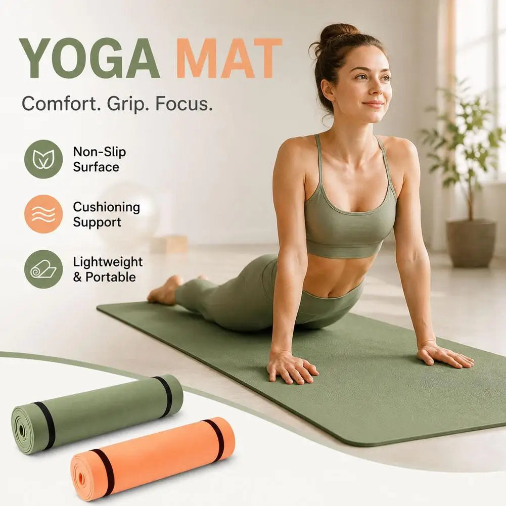 Foldable yoga mat in dark green with rolled olive and orange mats in view