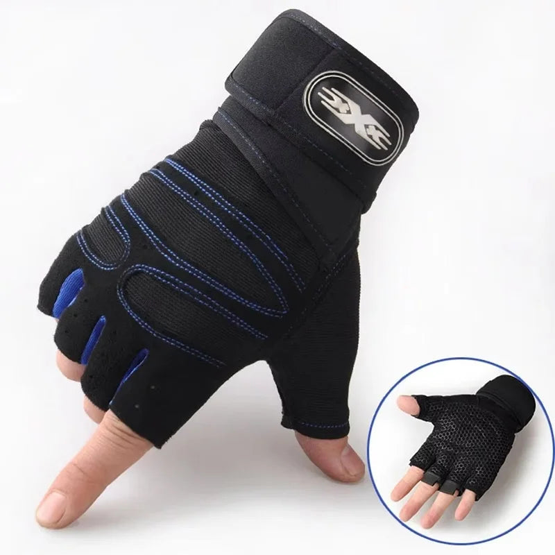 Black training gloves with blue seam lines and padded knuckle guard