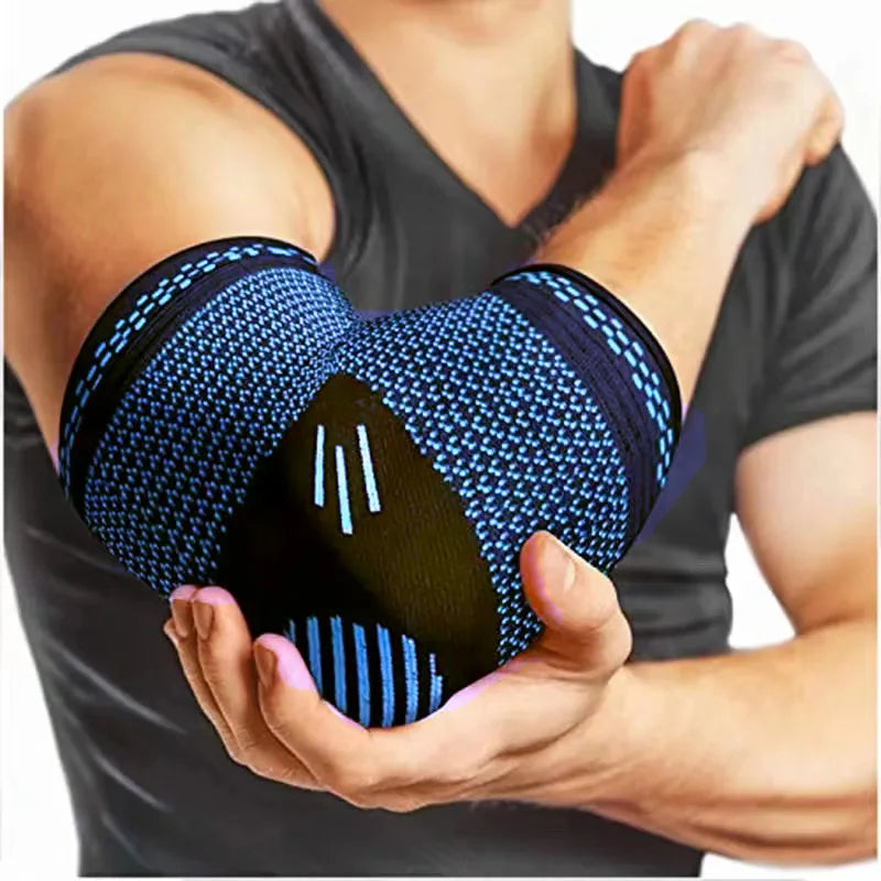 Compression elbow guards pair in blue mesh knit with black and teal trim