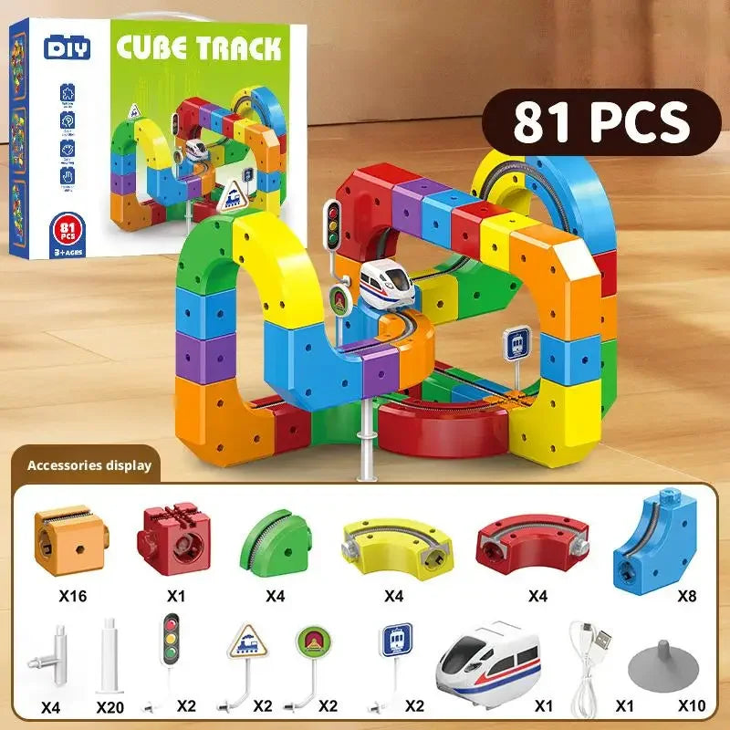 Electric cube track train set, 81 pieces, colorful curved rails with train car