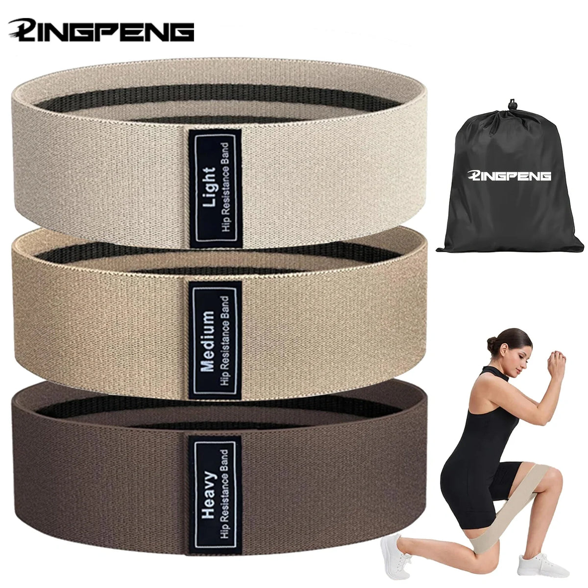 3-pack fabric resistance hip bands: Light, Medium, Heavy, with PINGFENG bag