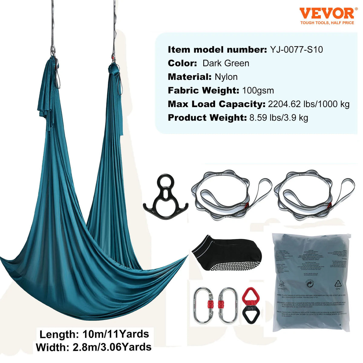 Dark green aerial yoga hammock silk with hanging strap, carabiners, and safety connector