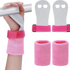 Pair of pink aerial grip wristbands with black Velcro straps and loop pads