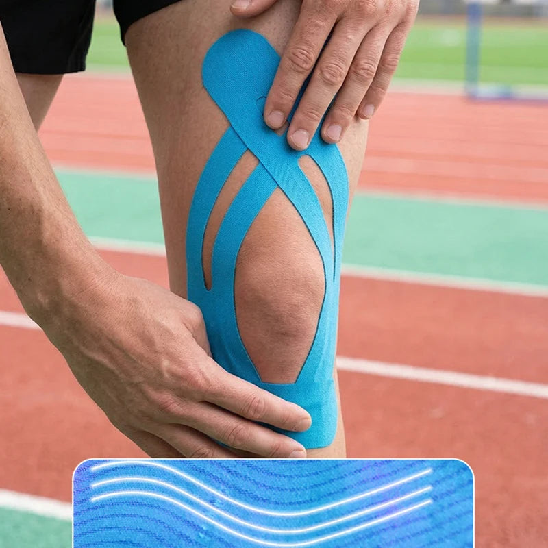 Athlete’s knee wearing blue kinesiology tape in U and Y strip pattern