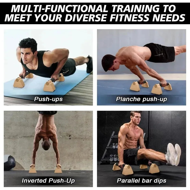 Wooden parallettes bars set with black non-slip grip, shown supporting push-up stance