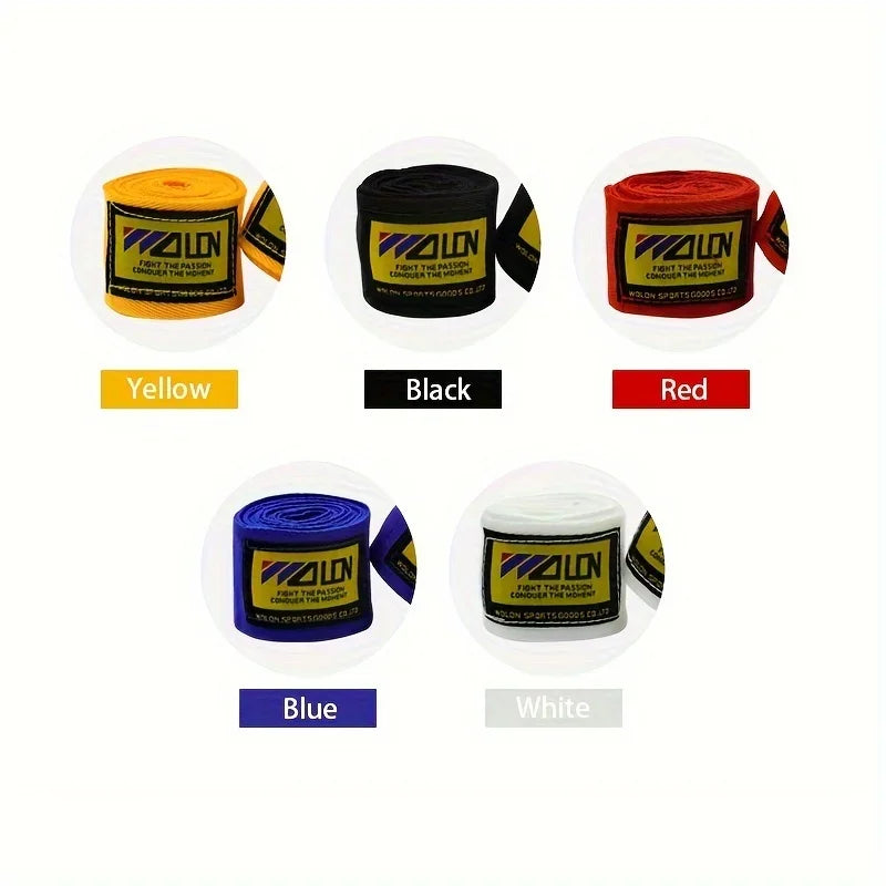Cotton wrist wraps color assortment: yellow, black, red, blue, and white rolls