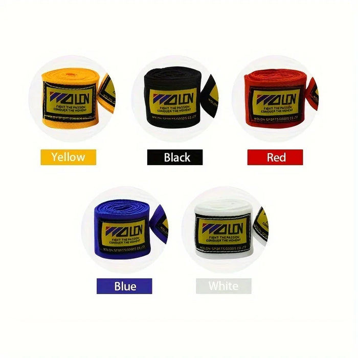 Cotton wrist wraps color assortment: yellow, black, red, blue, and white rolls