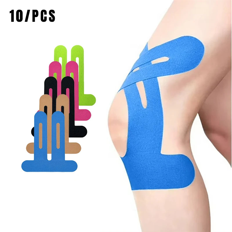 Precut knee kinesiology tape strips, blue with matching backing strips