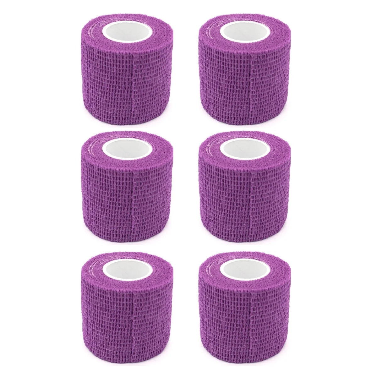 Set of purple self-adhesive wrist bandage rolls with white inner cores