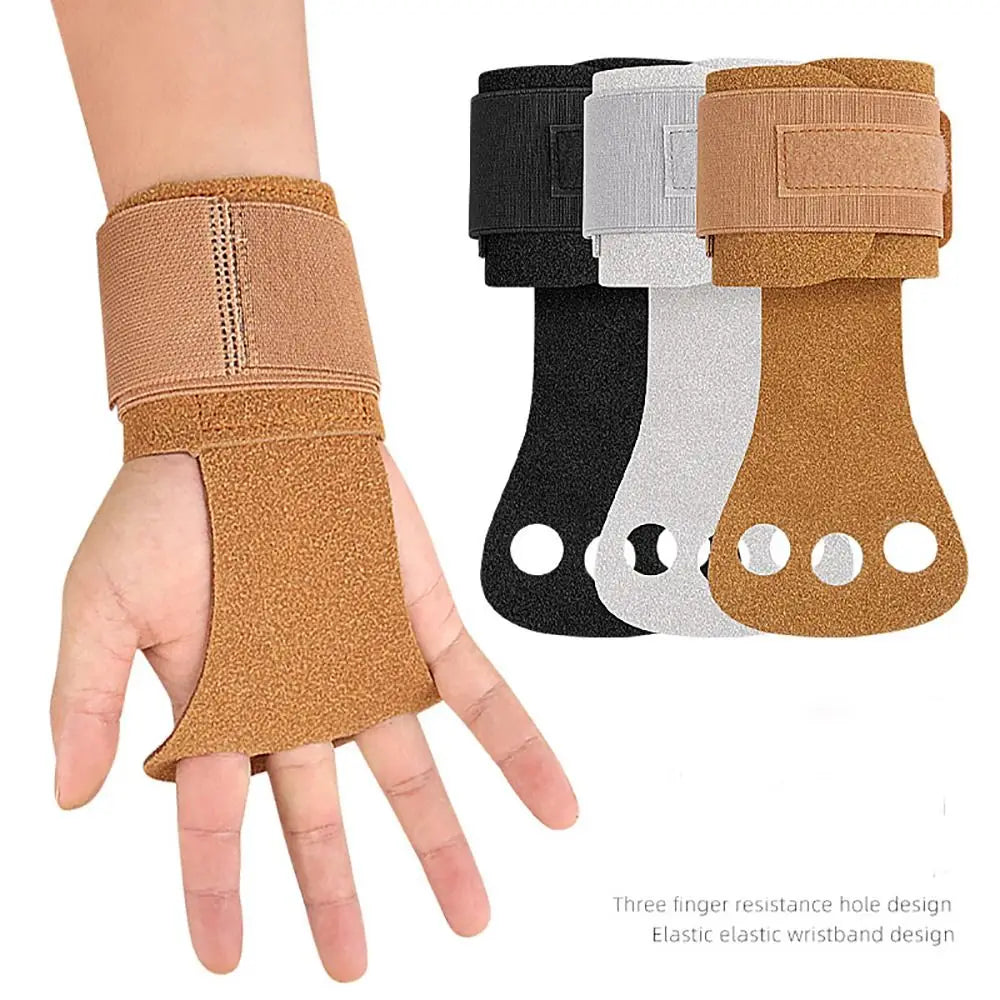 Aerial apparatus grip wraps pair, tan, on hand with three finger holes and wrist strap