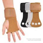 Aerial apparatus grip wraps pair, tan, on hand with three finger holes and wrist strap