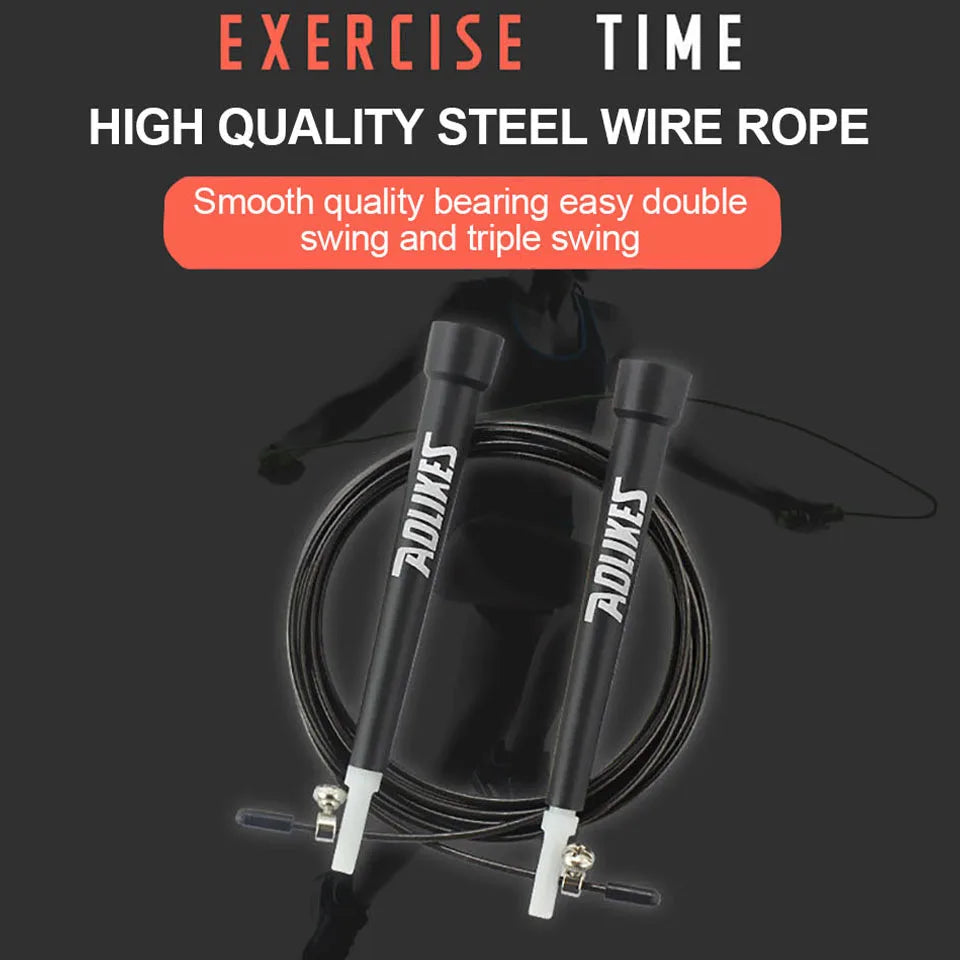 Adjustable steel wire jump rope with black foam handles and black steel cable