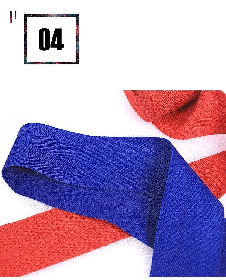 Blue and red cotton wrist wraps with woven straps and fastening ends