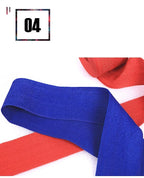 Blue and red cotton wrist wraps with woven straps and fastening ends