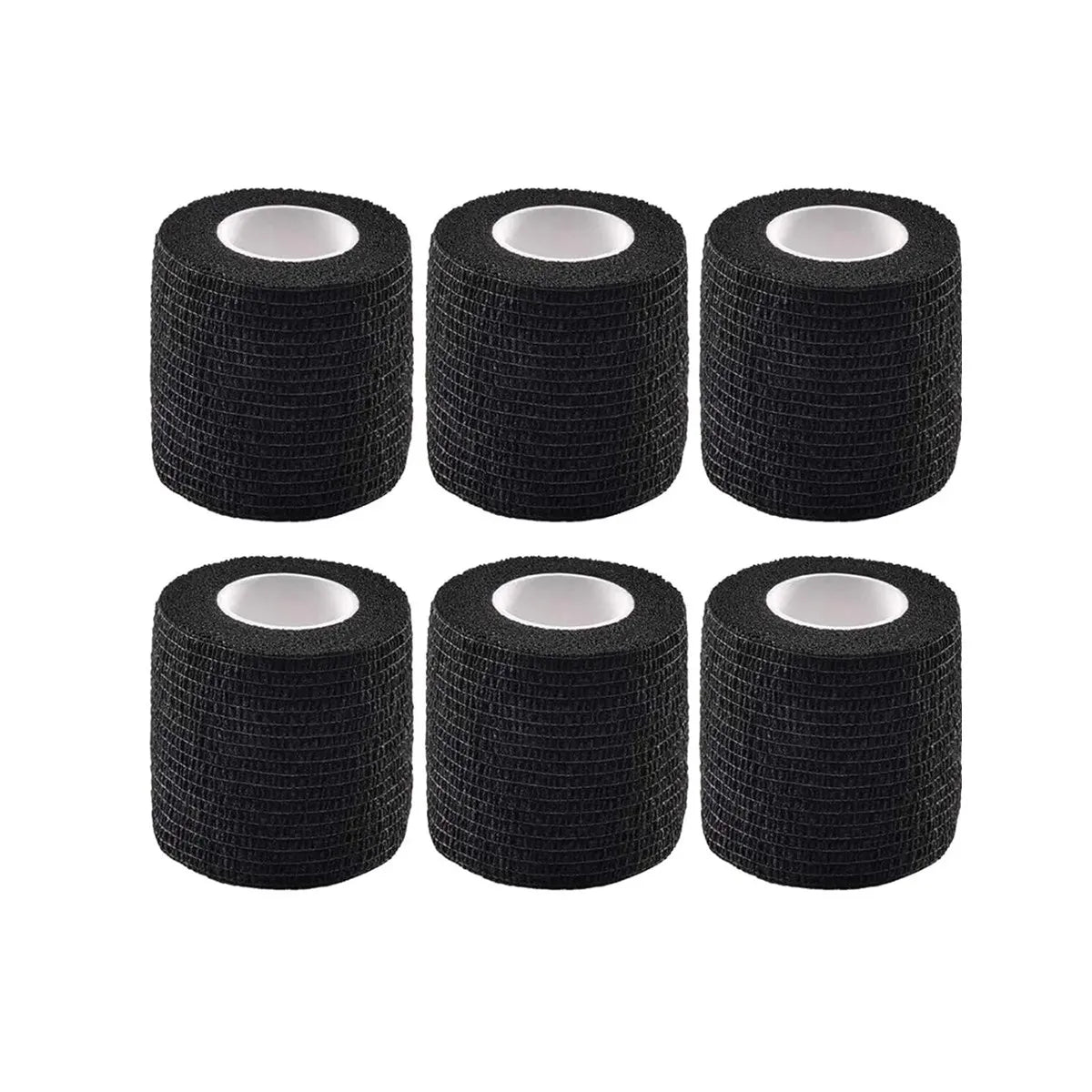 Set of black self-adhesive wrist bandage rolls, each with white inner core