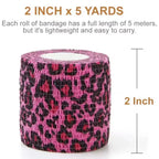 Roll of elastic self-adhesive bandage in bright leopard pink print, 2 inch x 5 yards