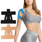 Blue kinesiology tape on upper arm; black and beige tape pieces displayed