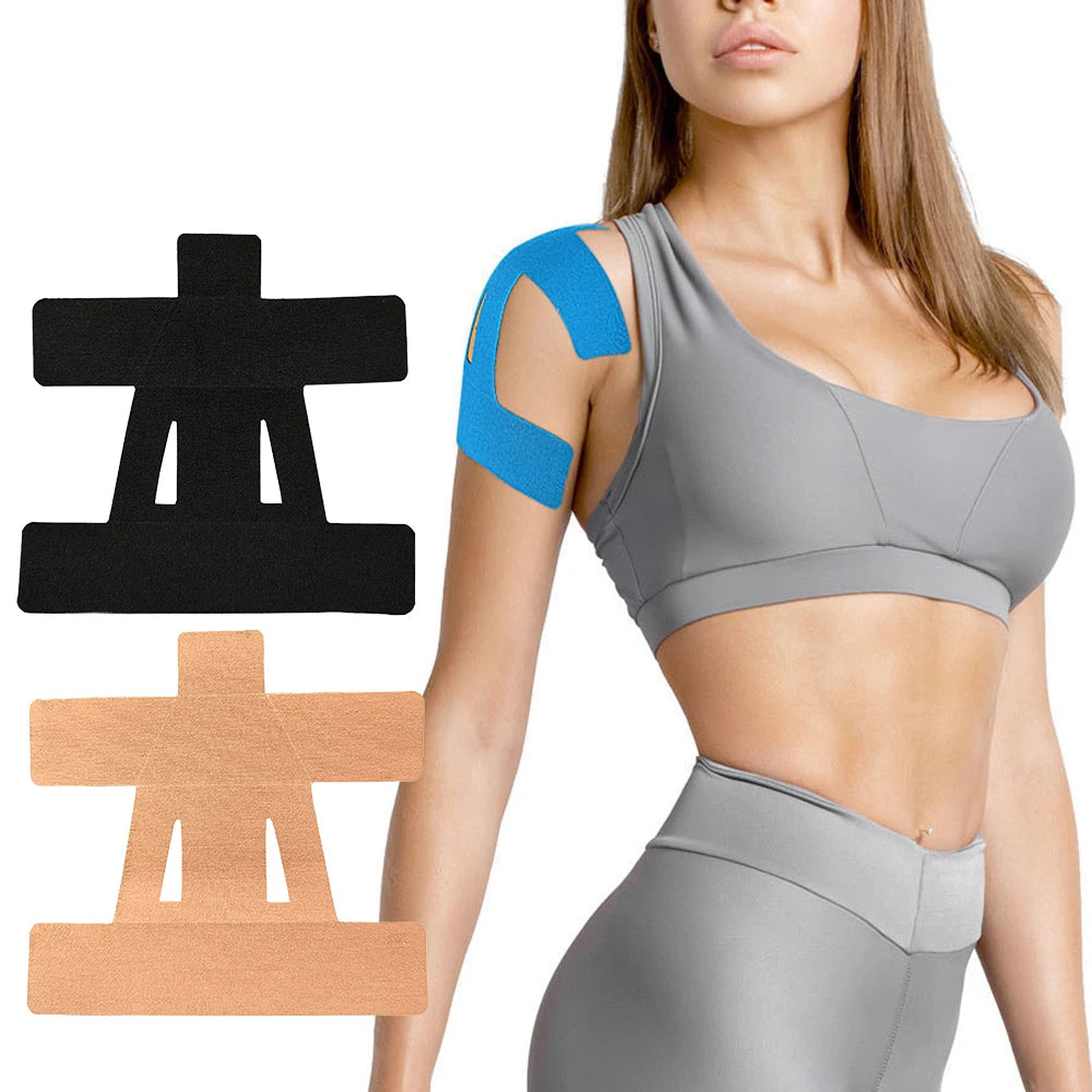 Blue kinesiology tape on upper arm; black and beige tape pieces displayed