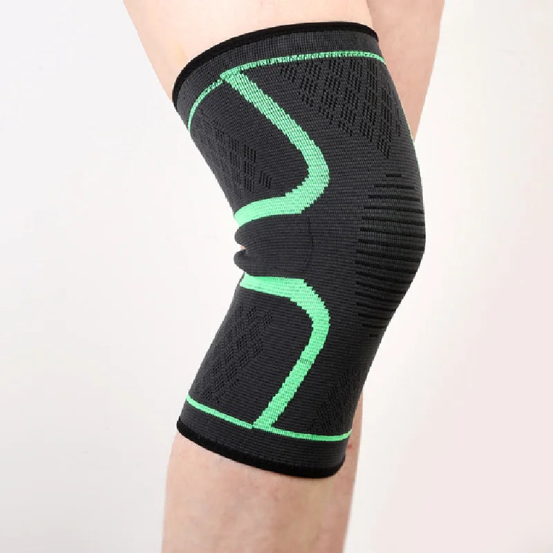 Black knee sleeve with green U-shaped support bands and ribbed design.