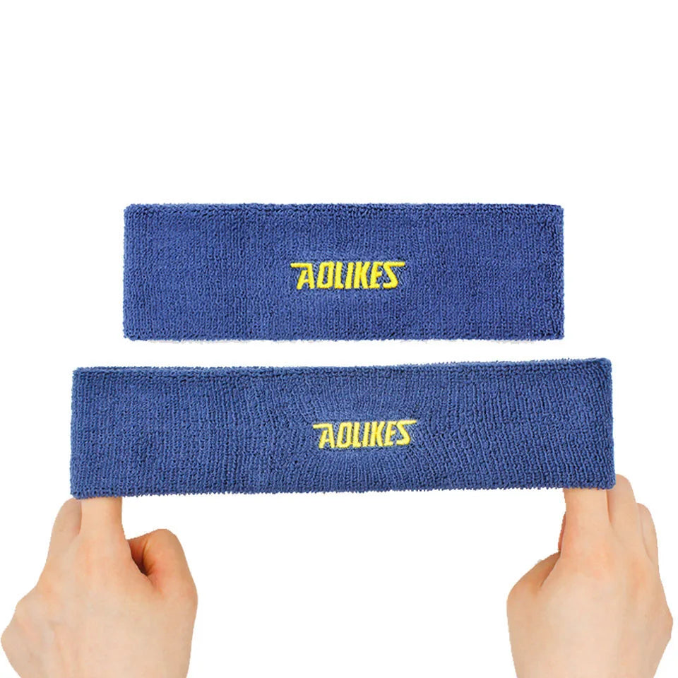 Two blue cotton sweatbands with AOLIKES embroidered logo