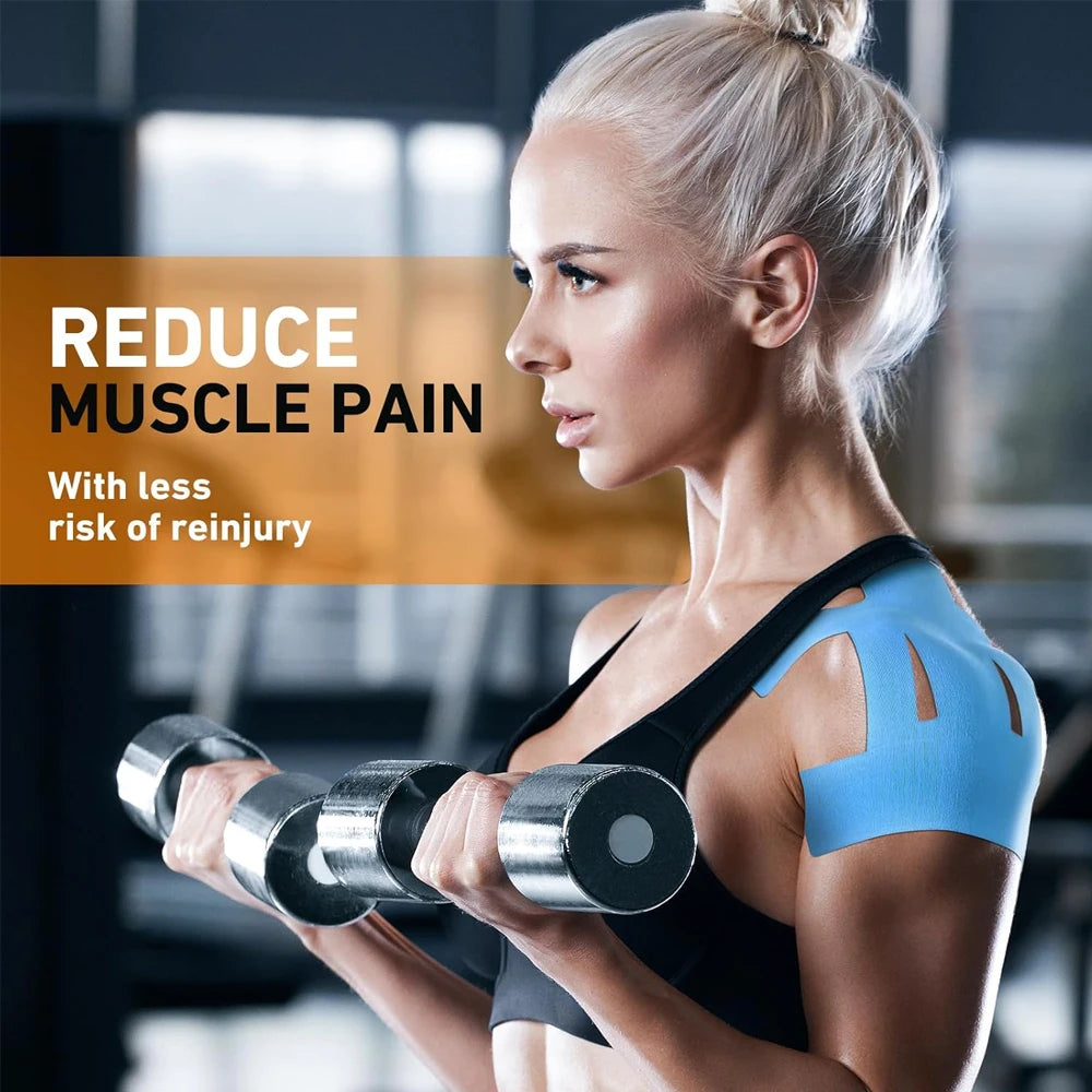 Blue kinesiology tape on upper arm and shoulder while lifting a dumbbell
