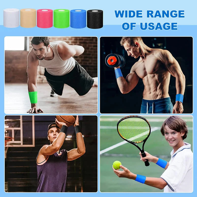 Assorted foam underwrap tape rolls in white, tan, red, green, blue, and black