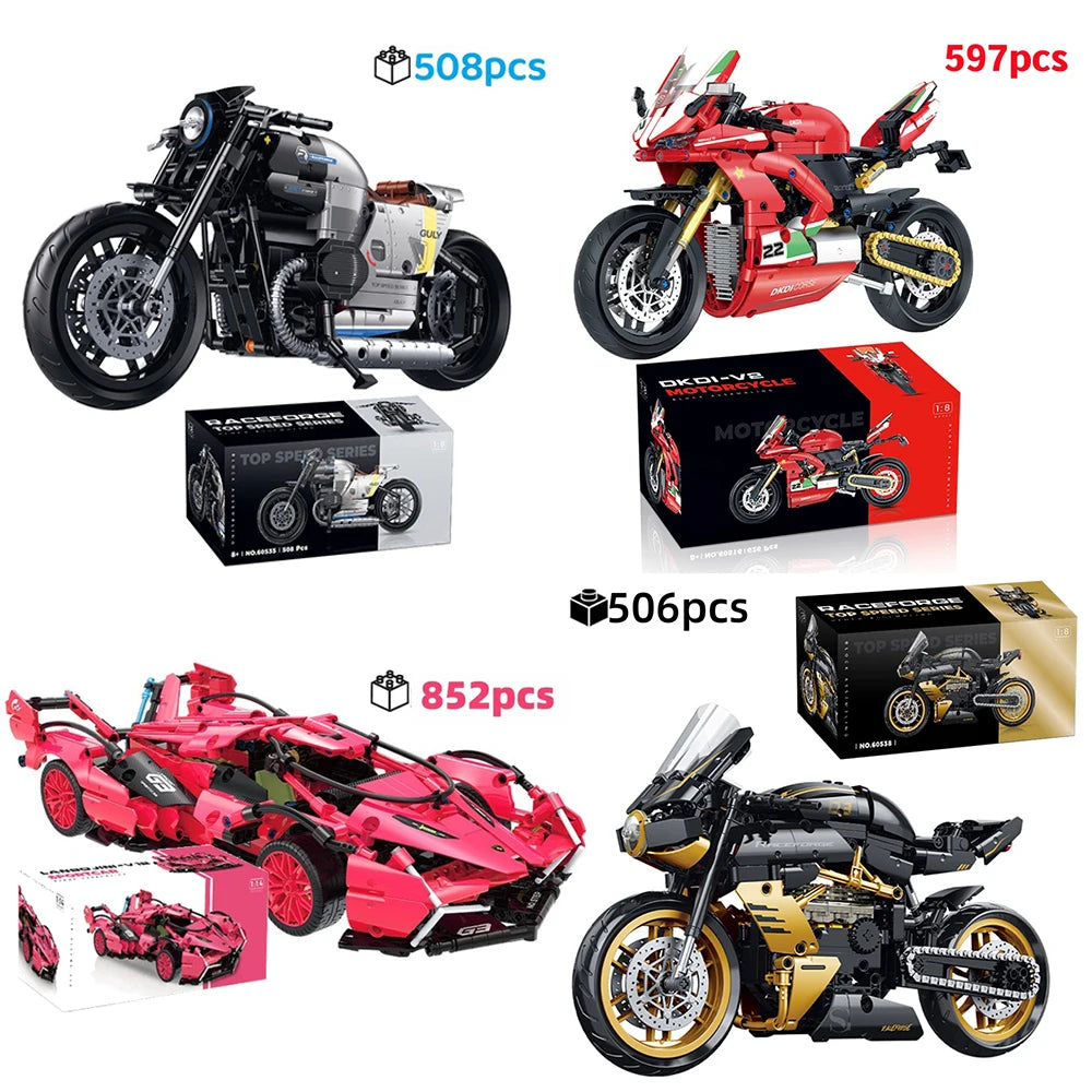 Motorcycle building block set with red and black bikes plus model boxes
