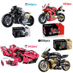 Motorcycle building block set with red and black bikes plus model boxes